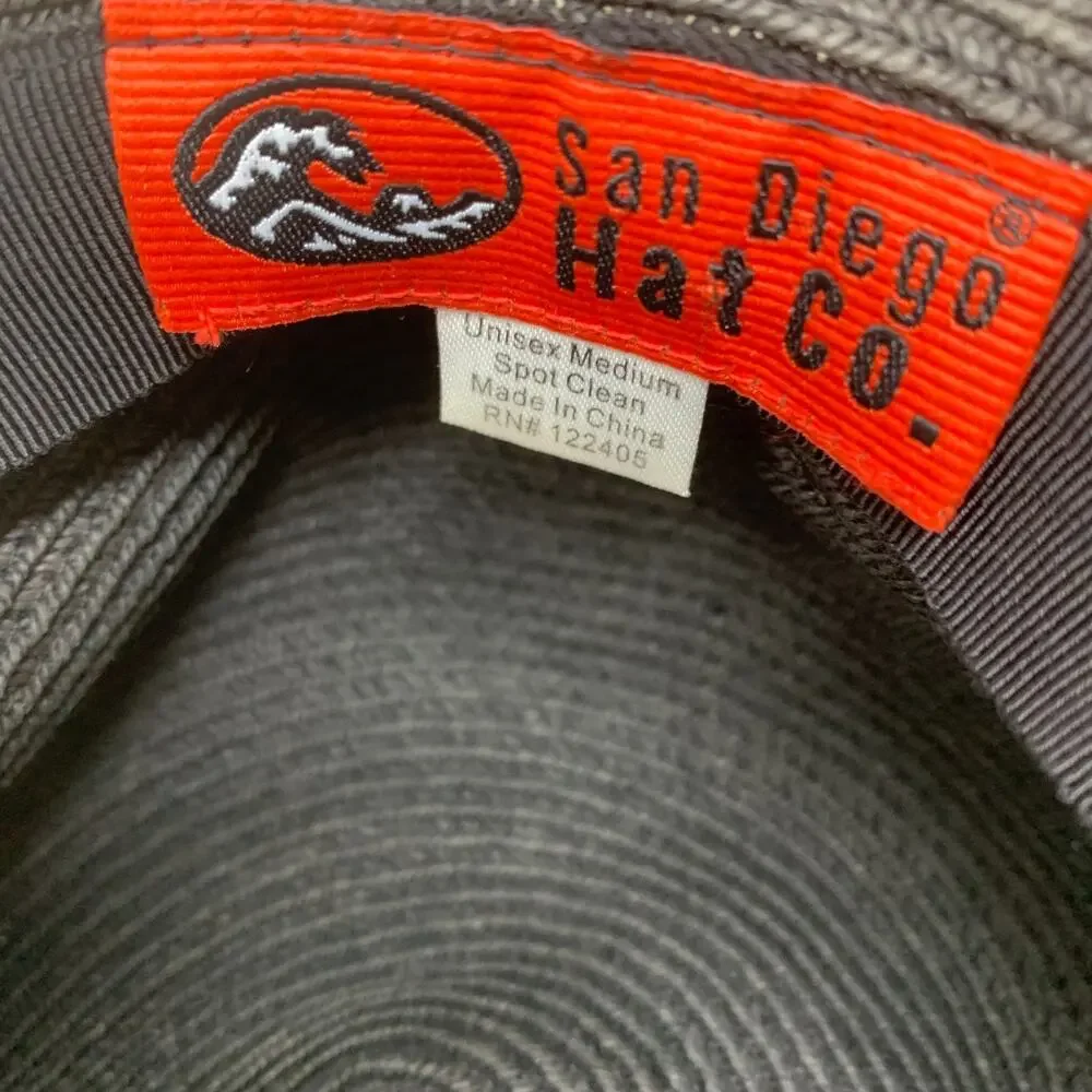 San Diego Hat Co Black Wide Brim Sun Hat Chin Strap Woven Beach M UPF Style